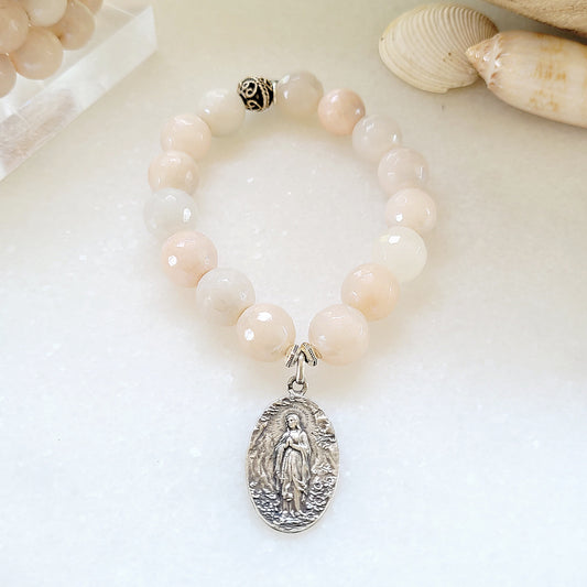 Peach Moonstone Faceted 12mm Beaded Bracelet w/ Sterling Silver Medal of Our Lady of Lourdes - Afterlife Jewelry Designs