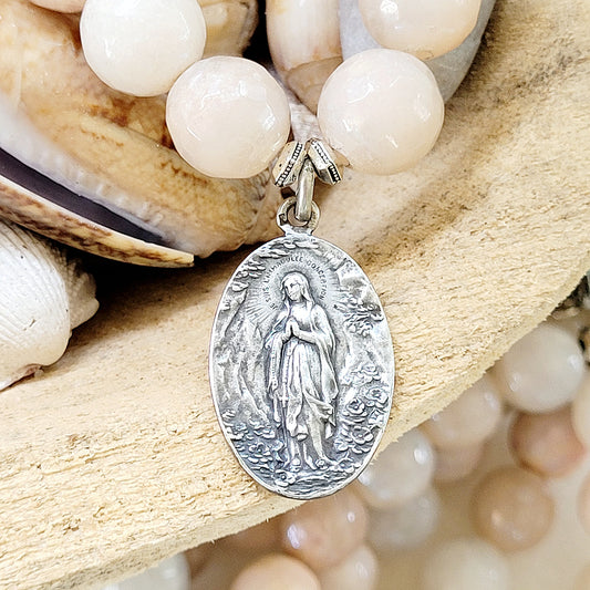 Peach Moonstone Faceted 12mm Beaded Bracelet w/ Sterling Silver Medal of Our Lady of Lourdes - Afterlife Jewelry Designs