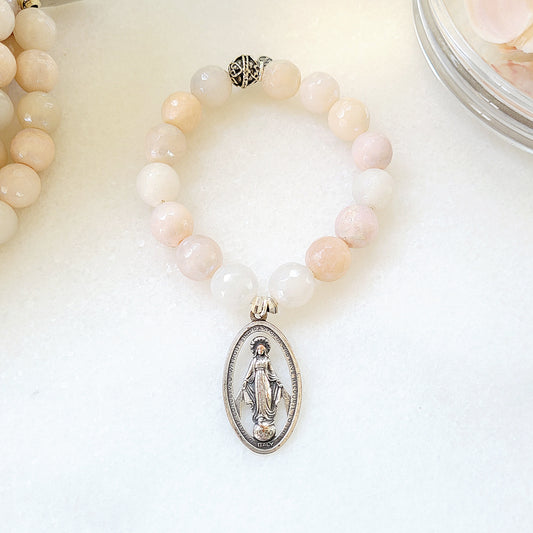Peach Moonstone Faceted 12mm Beaded Bracelet w/ The Miraculous Medal of Mary - Afterlife Jewelry Designs