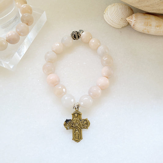 Peach Moonstone Faceted 12mm Beaded Bracelet w/ Bronze Four Way Cross / Our Lady of Mount Carmel - Afterlife Jewelry Designs