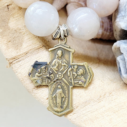 Peach Moonstone Faceted 12mm Beaded Bracelet w/ Bronze Four Way Cross / Our Lady of Mount Carmel - Afterlife Jewelry Designs