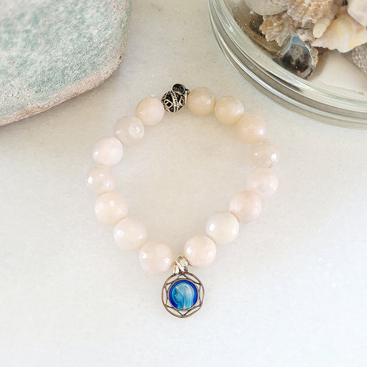 Peach Moonstone Faceted 12mm Beaded Bracelet w/ Enameled Art Deco Medal of Our Lady of Lourdes. - Afterlife Jewelry Designs