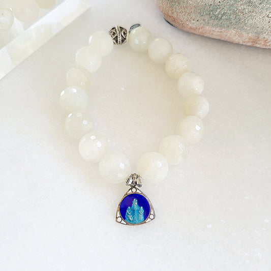 White Moonstone Faceted 12mm Beaded Bracelet w/ Enameled Our Lady of Montaigu 1920's Medal - Afterlife Jewelry Designs
