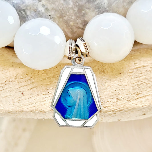White Moonstone Faceted 12mm Beaded Bracelet w/ Our Lady of Lourdes Enameled Silver Plated Medal - Afterlife Jewelry Designs