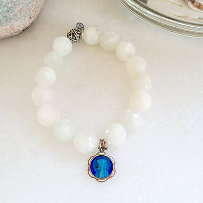 White Moonstone Faceted 12mm Beaded Bracelet w/ Our Lady of Lourdes Scalloped Enameled Silver Plated Medal - Afterlife Jewelry Designs