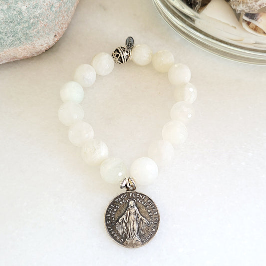 White Moonstone Faceted 12mm Beaded Bracelet w/ Rare Antique French Sacre Coeur Silver Miraculous Medal of Mary - Afterlife Jewelry Designs