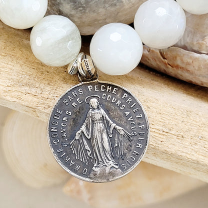 White Moonstone Faceted 12mm Beaded Bracelet w/ Rare Antique French Sacre Coeur Silver Miraculous Medal of Mary - Afterlife Jewelry Designs