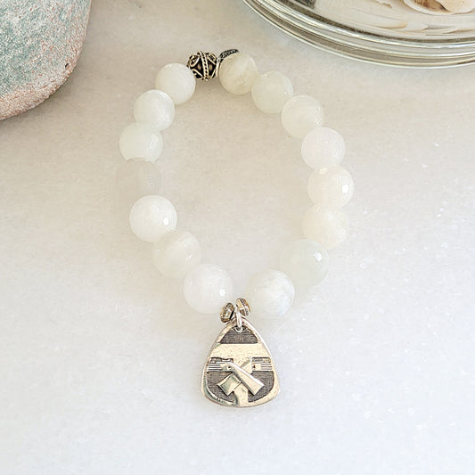 White Moonstone Faceted 12mm Beaded Bracelet w/ Sterling Silver Tau Cross of St. Francis of Assisi Medal - Afterlife Jewelry Designs