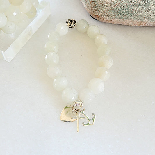 White Moonstone Faceted 12mm Beaded Bracelet w/ Faith, Hope & Charity Sterling Silver Charms - Afterlife Jewelry Designs