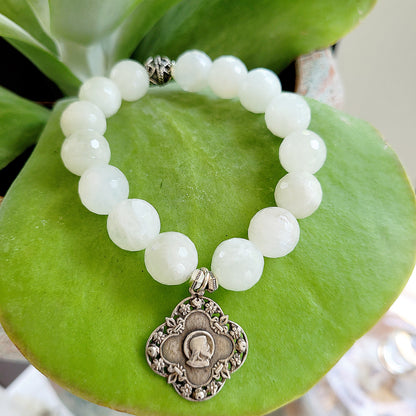 White Moonstone Faceted 12mm Beaded Bracelet w/ Art Nouveau Silver Medal of The Face of Jesus - Afterlife Jewelry Designs