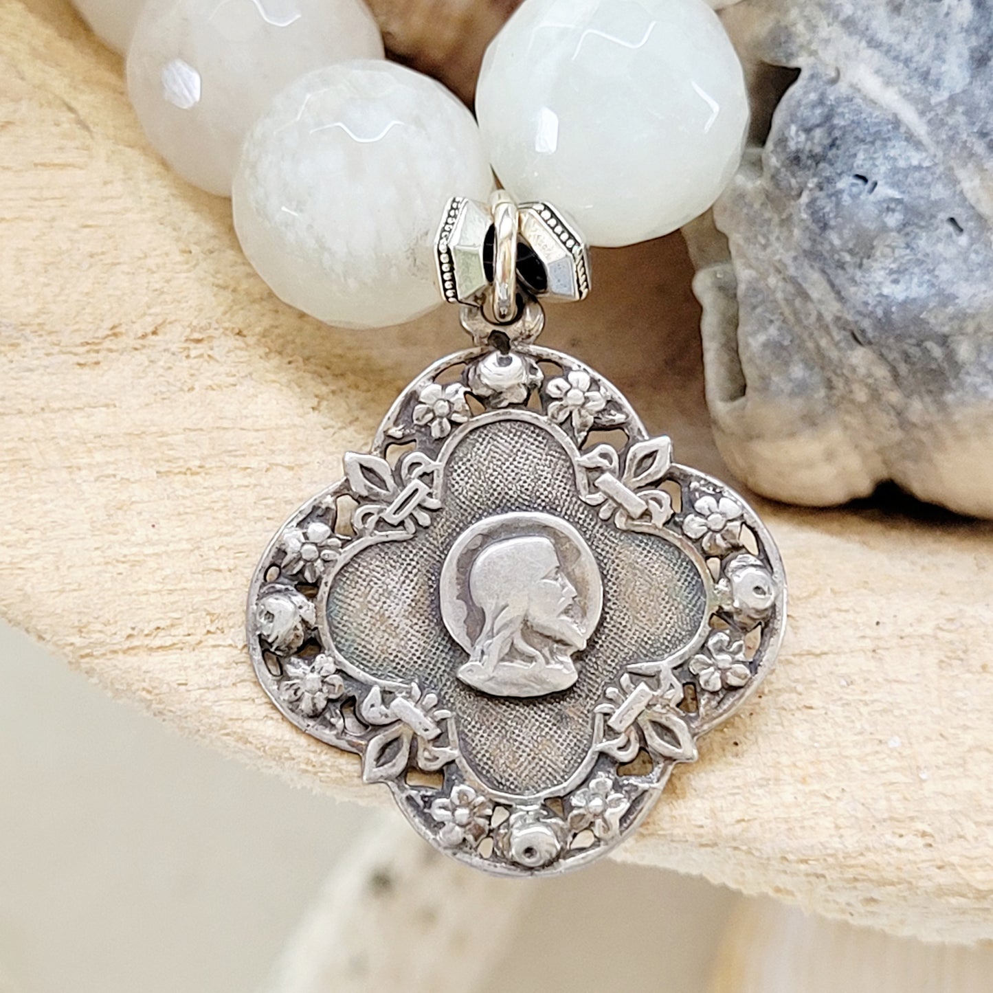 White Moonstone Faceted 12mm Beaded Bracelet w/ Art Nouveau Silver Medal of The Face of Jesus - Afterlife Jewelry Designs