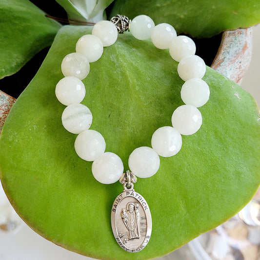White Moonstone Faceted 12mm Beaded Bracelet w/ Sterling Silver St. Patrick Pray for Us Medal - Afterlife Jewelry Designs