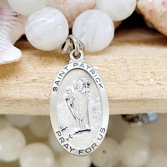White Moonstone Faceted 12mm Beaded Bracelet w/ Sterling Silver St. Patrick Pray for Us Medal - Afterlife Jewelry Designs