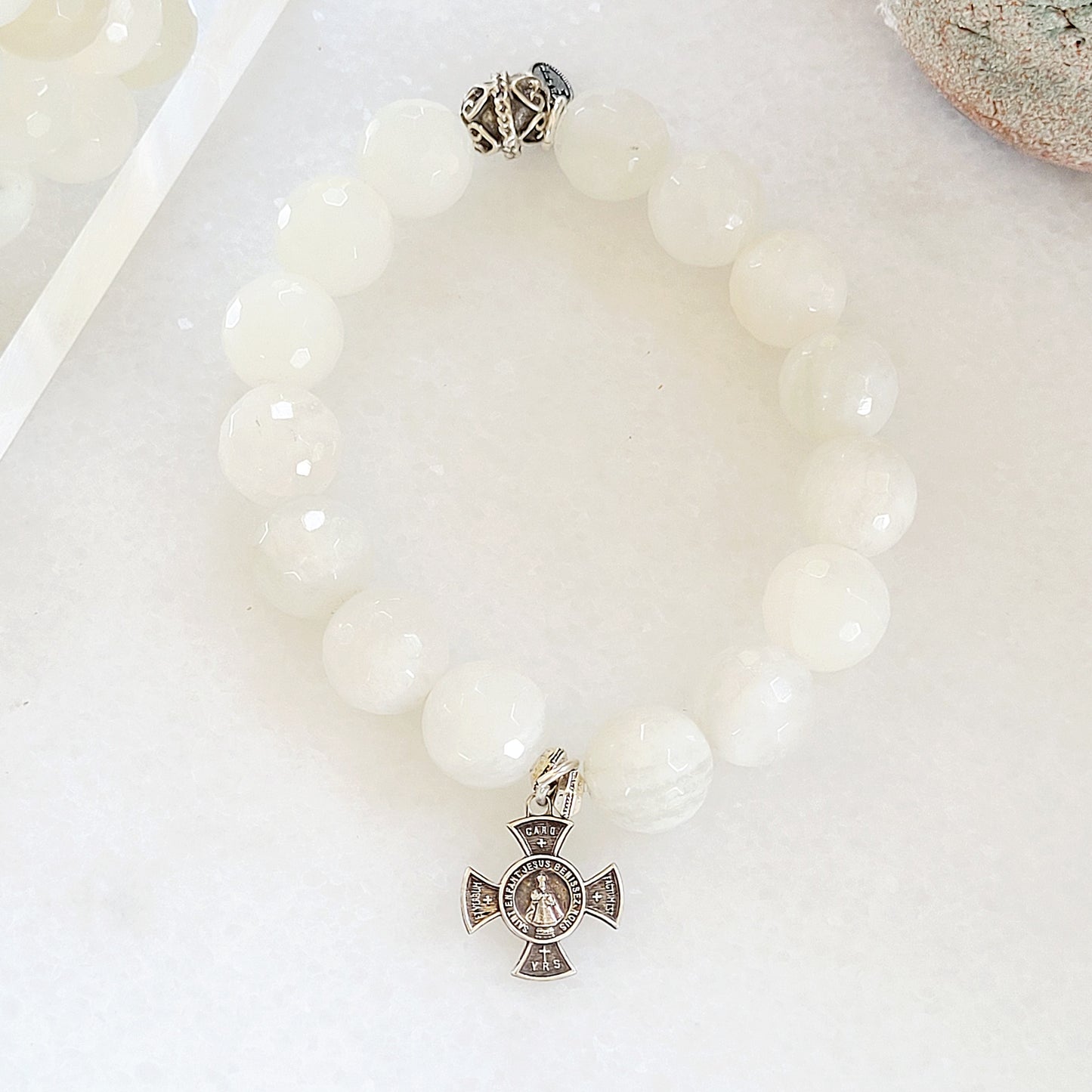 White Moonstone Faceted 12mm Beaded Bracelet w/ Silver Maltese Cross Infant of Prague Safeguard Medal - Afterlife Jewelry Designs