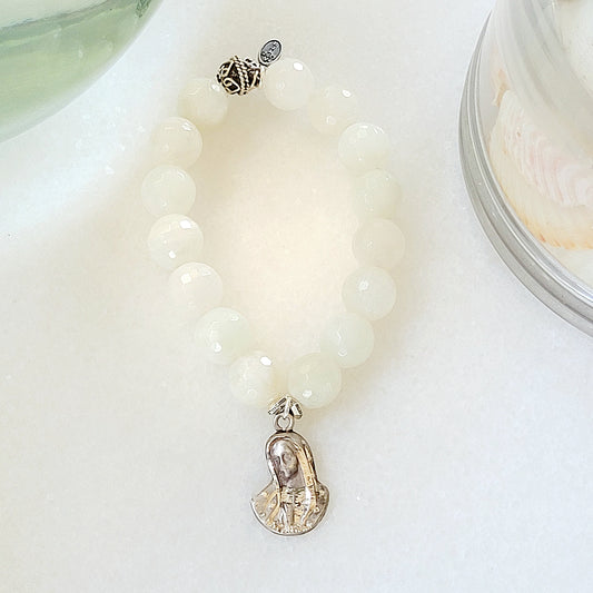 White Moonstone Faceted 12mm Beaded Bracelet w/ Our Lady of Sorrows Sterling Silver Medal from Mexico - Afterlife Jewelry Designs