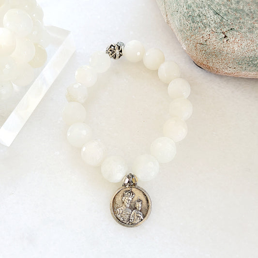 White Moonstone Faceted 12mm Beaded Bracelet w/ Vintage Oratoire of Saint Joseph Medallion from France - Afterlife Jewelry Designs
