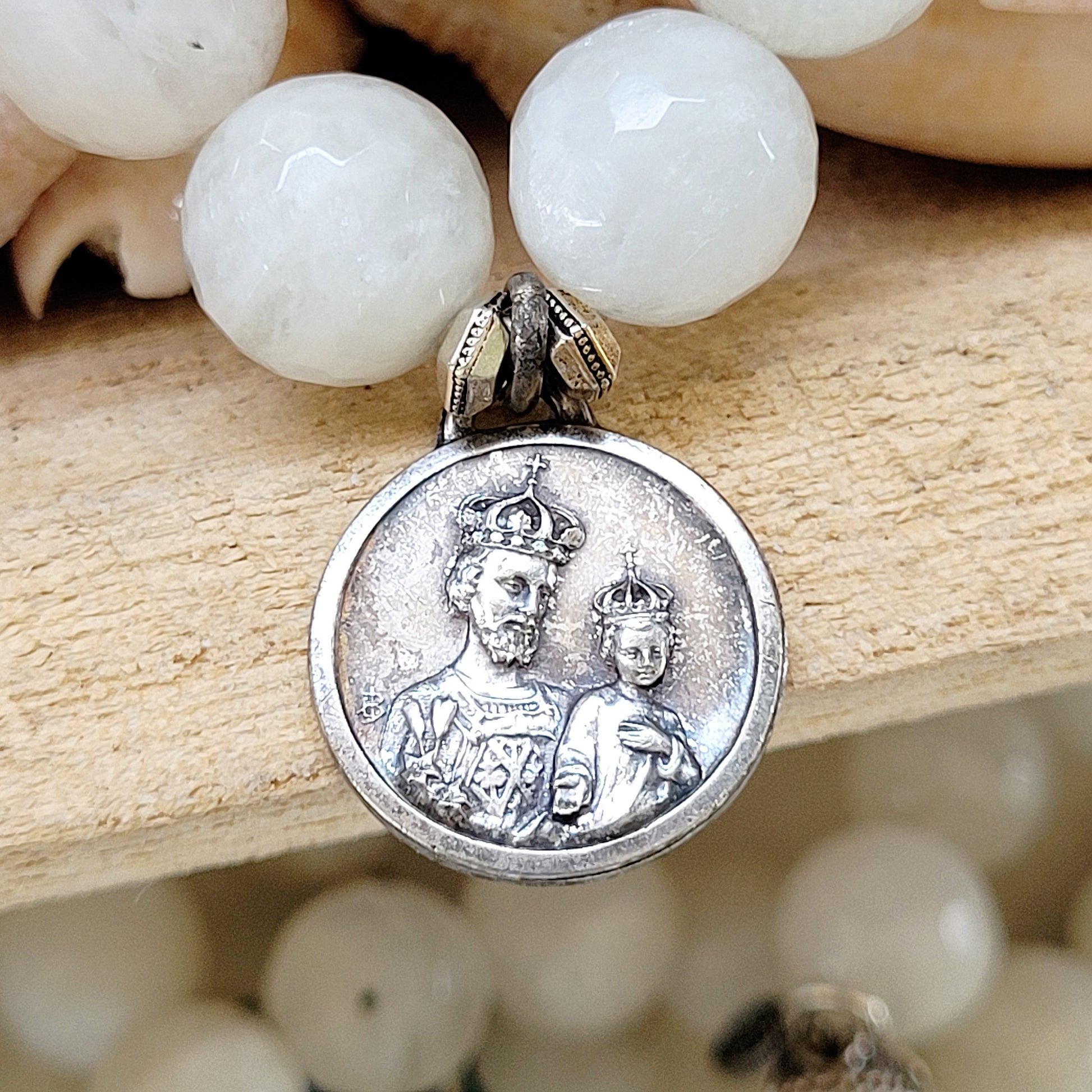 White Moonstone Faceted 12mm Beaded Bracelet w/ Vintage Oratoire of Saint Joseph Medallion from France - Afterlife Jewelry Designs