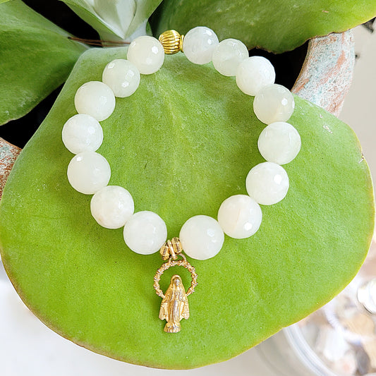 White Moonstone Faceted 12mm Beaded Bracelet w/ Gold Plated Miraculous Medal of Mary - Afterlife Jewelry Designs