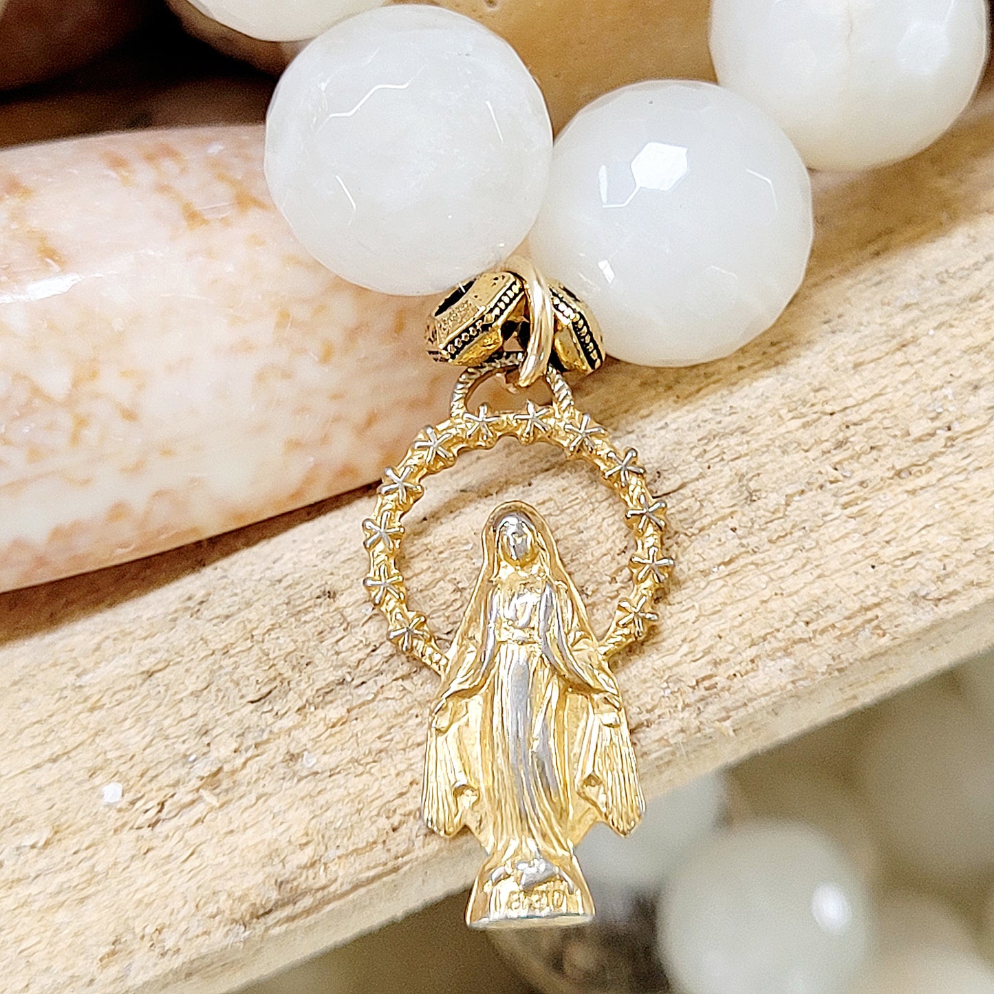 White Moonstone Faceted 12mm Beaded Bracelet w/ Gold Plated Miraculous Medal of Mary - Afterlife Jewelry Designs