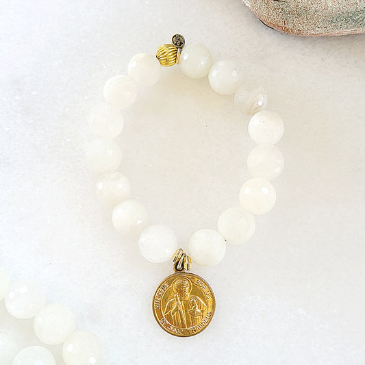 White Moonstone Faceted 12mm Beaded Bracelet w/ Gold Plated St. Jude / Our Lady of Fatima Medal - Afterlife Jewelry Designs