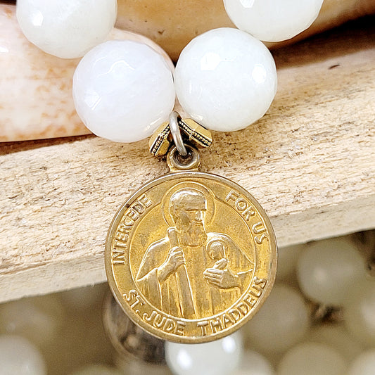 White Moonstone Faceted 12mm Beaded Bracelet w/ Gold Plated St. Jude / Our Lady of Fatima Medal - Afterlife Jewelry Designs