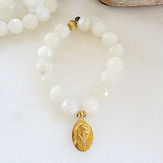 White Moonstone Faceted 12mm Beaded Bracelet w/ Our Lady of Lourdes Gold Plated Medal - Afterlife Jewelry Designs