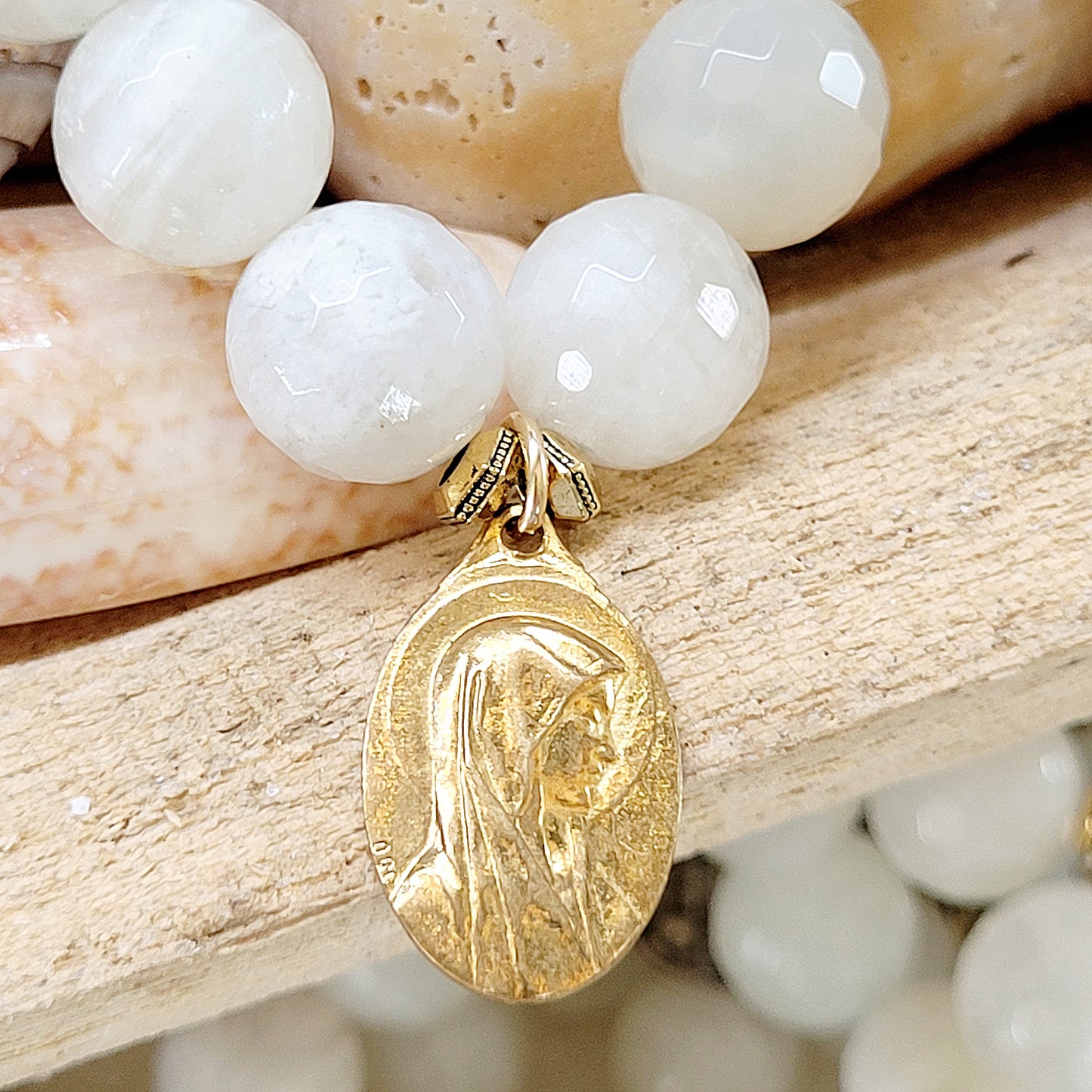 White Moonstone Faceted 12mm Beaded Bracelet w/ Our Lady of Lourdes Gold Plated Medal - Afterlife Jewelry Designs