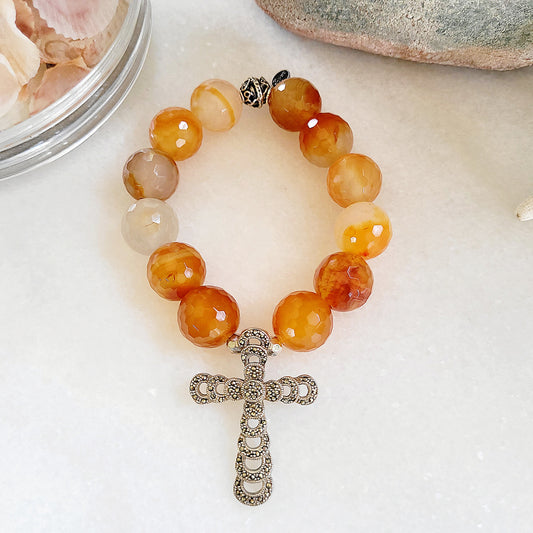 Carnelian Faceted 16mm Beaded Bracelet w/ Sterling SIlver Cross with Marcasite Stones - Afterlife Jewelry Designs