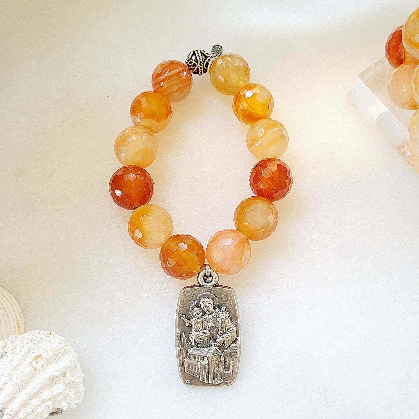 Carnelian Faceted 16mm Beaded Bracelet w/ 1988 Shrine Church of St. Anthony 100 Anniversary Medal - Afterlife Jewelry Designs