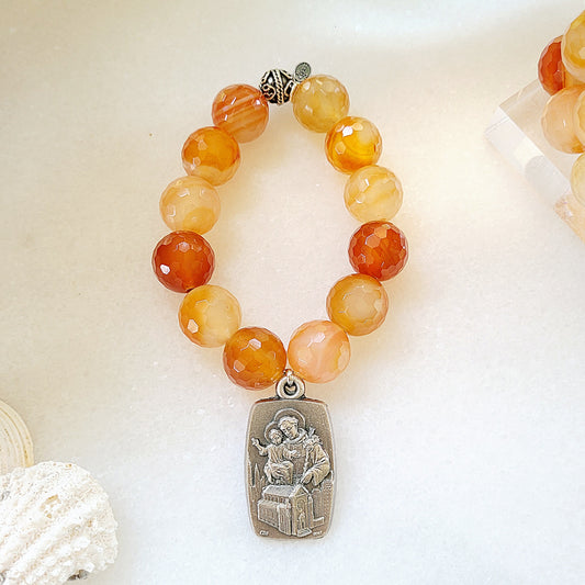 Carnelian Faceted 16mm Beaded Bracelet w/ 1988 Shrine Church of St. Anthony 100 Anniversary Medal - Afterlife Jewelry Designs