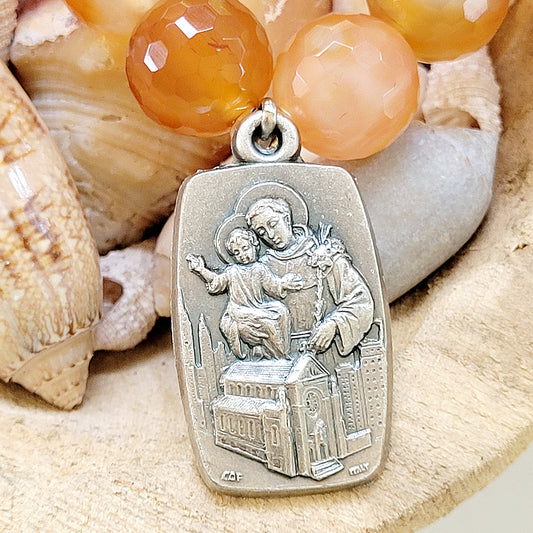 Carnelian Faceted 16mm Beaded Bracelet w/ 1988 Shrine Church of St. Anthony 100 Anniversary Medal - Afterlife Jewelry Designs