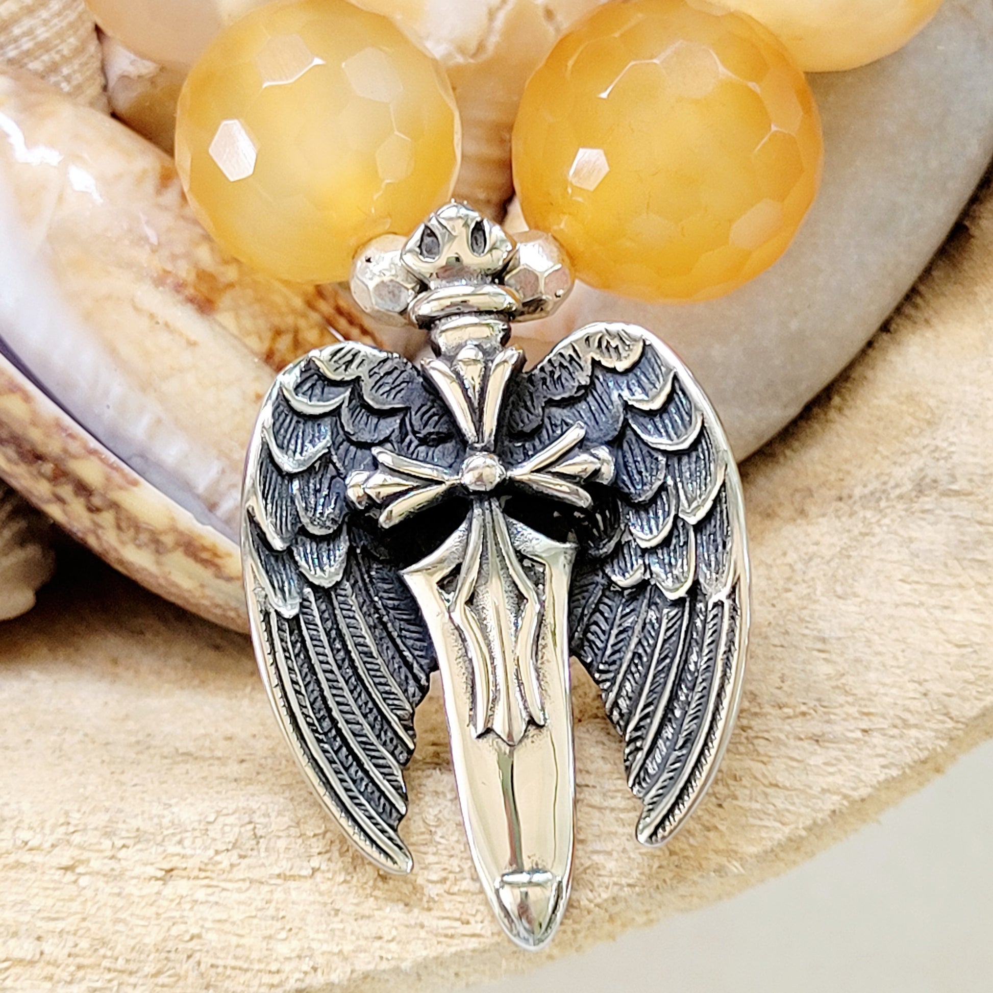 Carnelian Faceted 16mm Beaded Bracelet w/ Solid Sterling Silver Guardian Angel Wings Sword - Afterlife Jewelry Designs