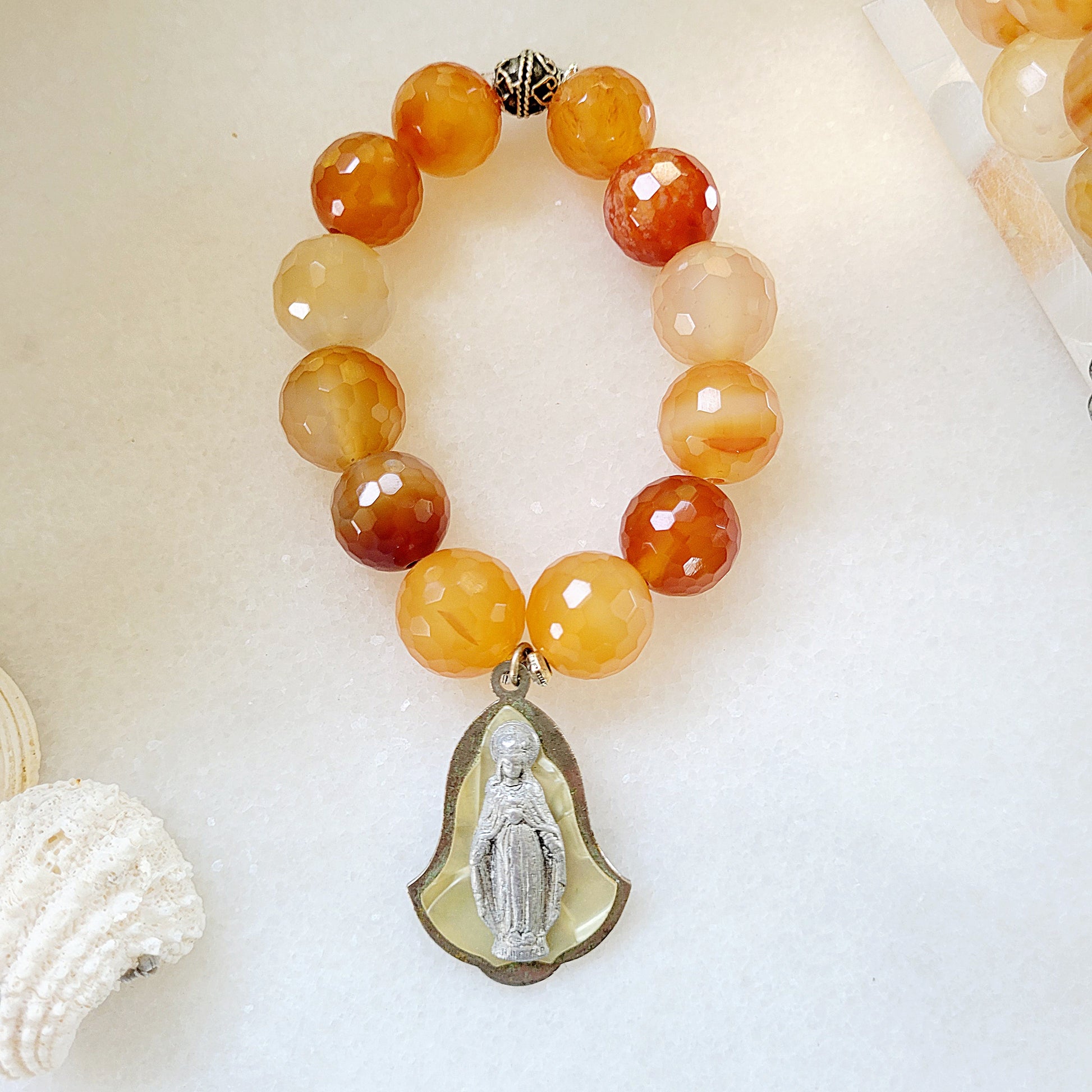 Carnelian Faceted 16mm Beaded Bracelet w/ Immaculate Heart of Mary Silver Plated Medal - Afterlife Jewelry Designs