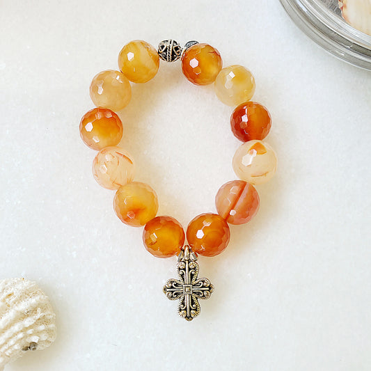 Carnelian Faceted 16mm Beaded Bracelet w/ Sterling Silver Art Nouveau Cross - Afterlife Jewelry Designs