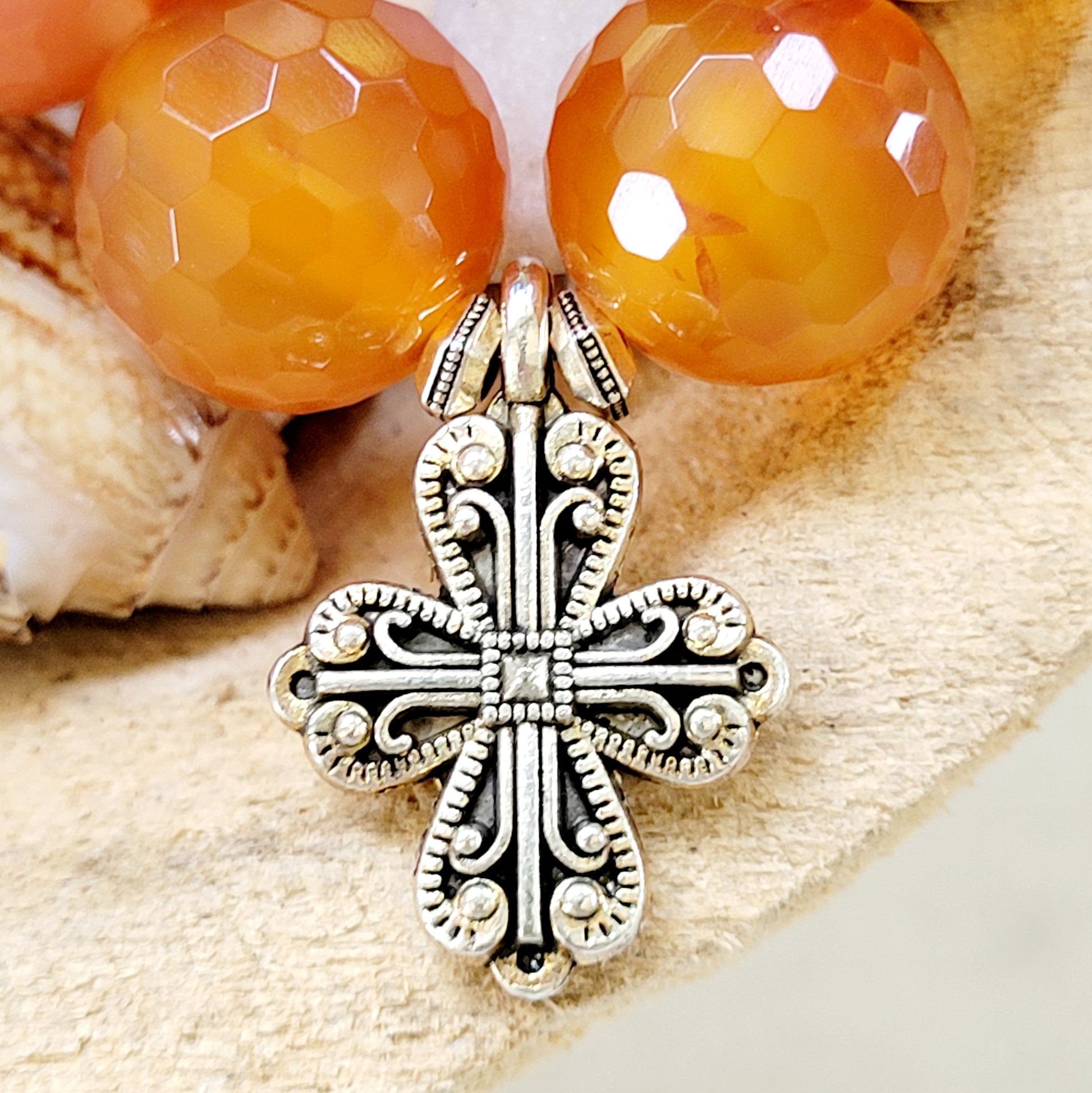 Carnelian Faceted 16mm Beaded Bracelet w/ Sterling Silver Art Nouveau Cross - Afterlife Jewelry Designs