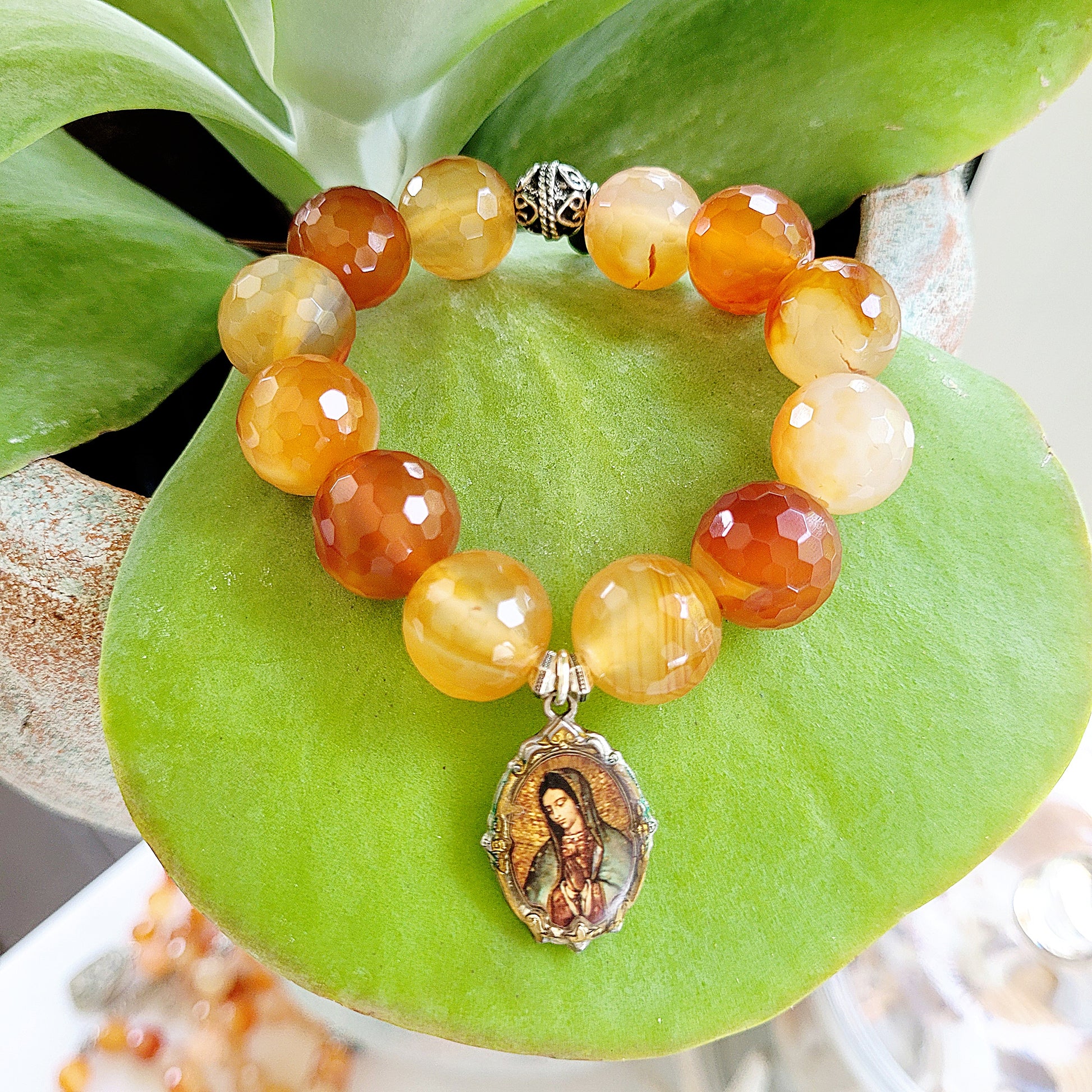 Carnelian Faceted 16mm Beaded Bracelet w/ Our Lady of Guadalupe Enameled Medal - Afterlife Jewelry Designs