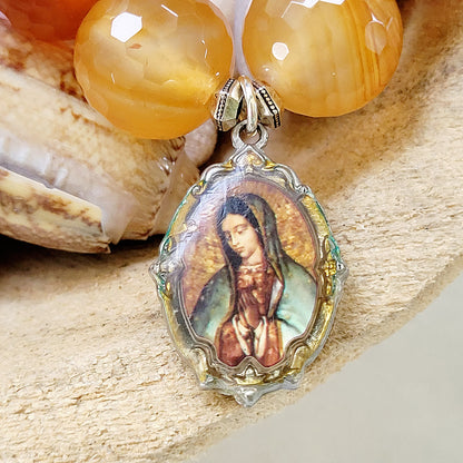 Carnelian Faceted 16mm Beaded Bracelet w/ Our Lady of Guadalupe Enameled Medal - Afterlife Jewelry Designs