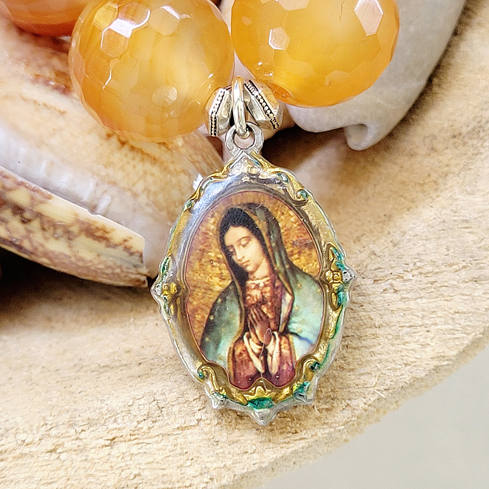 Carnelian Faceted 16mm Beaded Bracelet w/ Our Lady of Guadalupe Enameled Medal - Afterlife Jewelry Designs