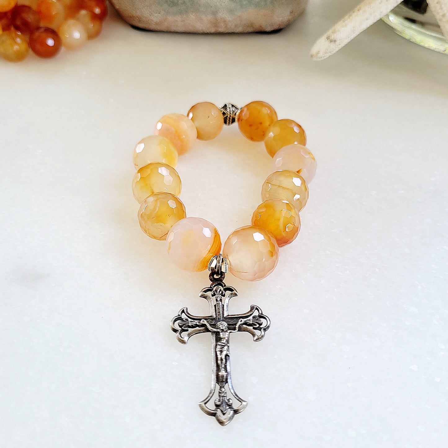 Carnelian Faceted 16mm Beaded Bracelet w/ Antique Silver Art Noveau Cross from France - Afterlife Jewelry Designs