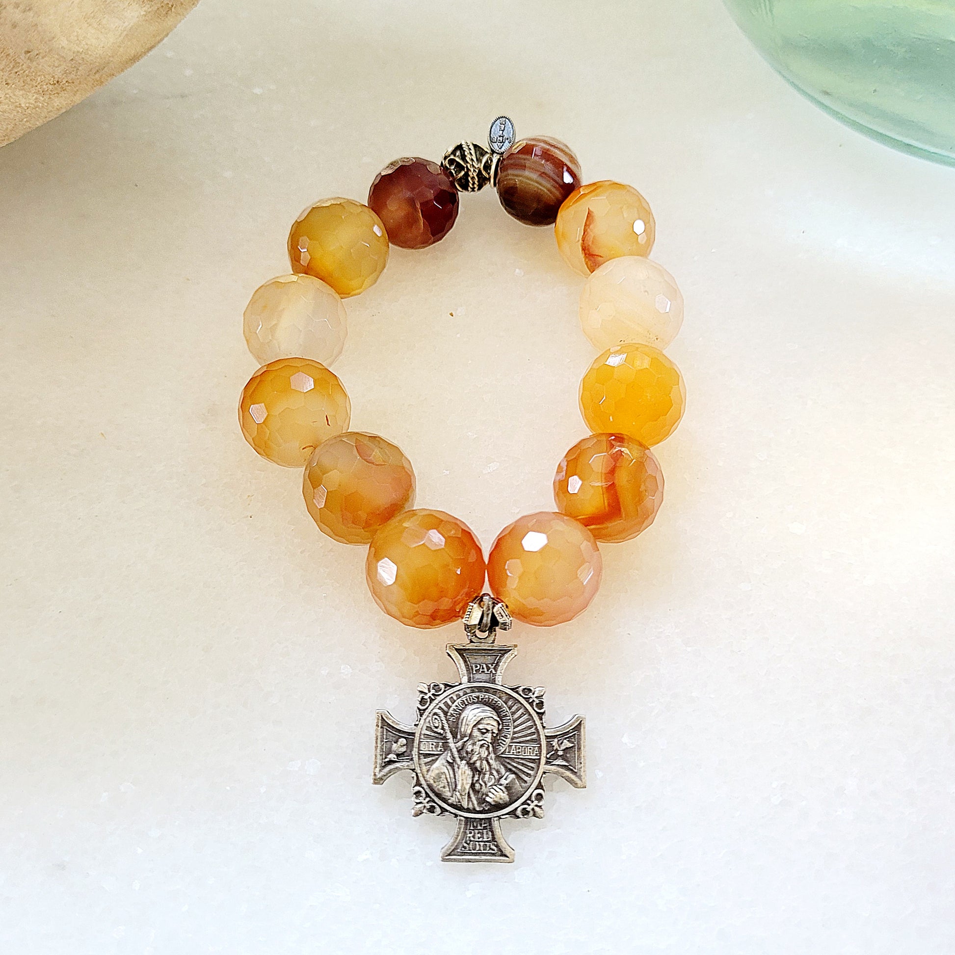 Carnelian Faceted 16mm Beaded Bracelet w/ St. Benedict Maltese Sterling Silver Antique Cross - Afterlife Jewelry Designs