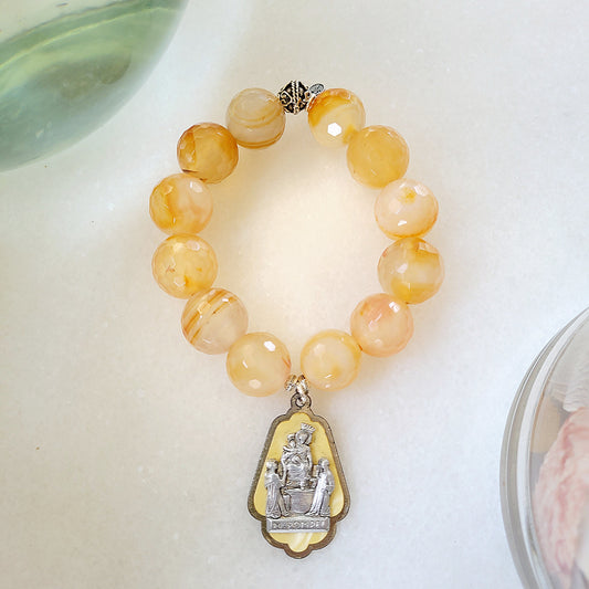 Carnelian Faceted 16mm Beaded Bracelet w/ Layered Vintage Silver Plated Medal of Ave Maria di Pompei - Afterlife Jewelry Designs