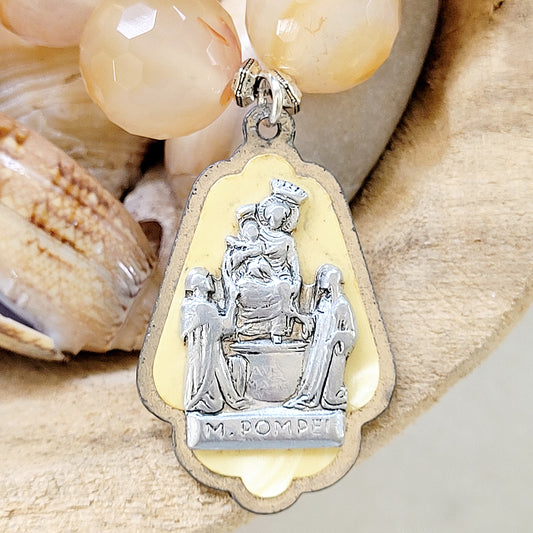 Carnelian Faceted 16mm Beaded Bracelet w/ Layered Vintage Silver Plated Medal of Ave Maria di Pompei - Afterlife Jewelry Designs