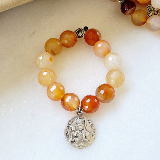 Carnelian Faceted 16mm Beaded Bracelet w/ St. Anne de Beaupre Vintage Signed Medal - Afterlife Jewelry Designs