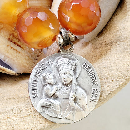 Carnelian Faceted 16mm Beaded Bracelet w/ St. Anne de Beaupre Vintage Signed Medal - Afterlife Jewelry Designs