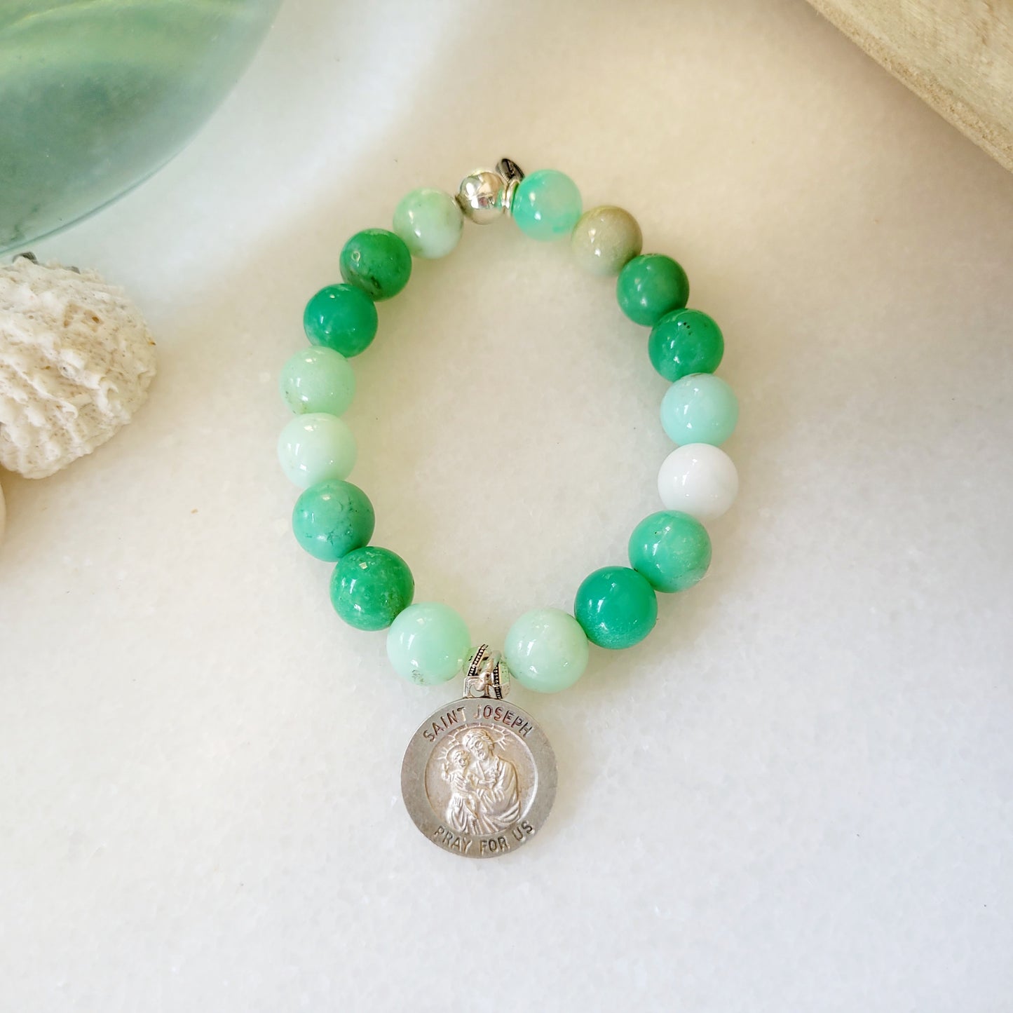 Chrysoprase 10mm Beaded Bracelet w/ Sterling Silver Medal of St. Joseph - Afterlife Jewelry Designs