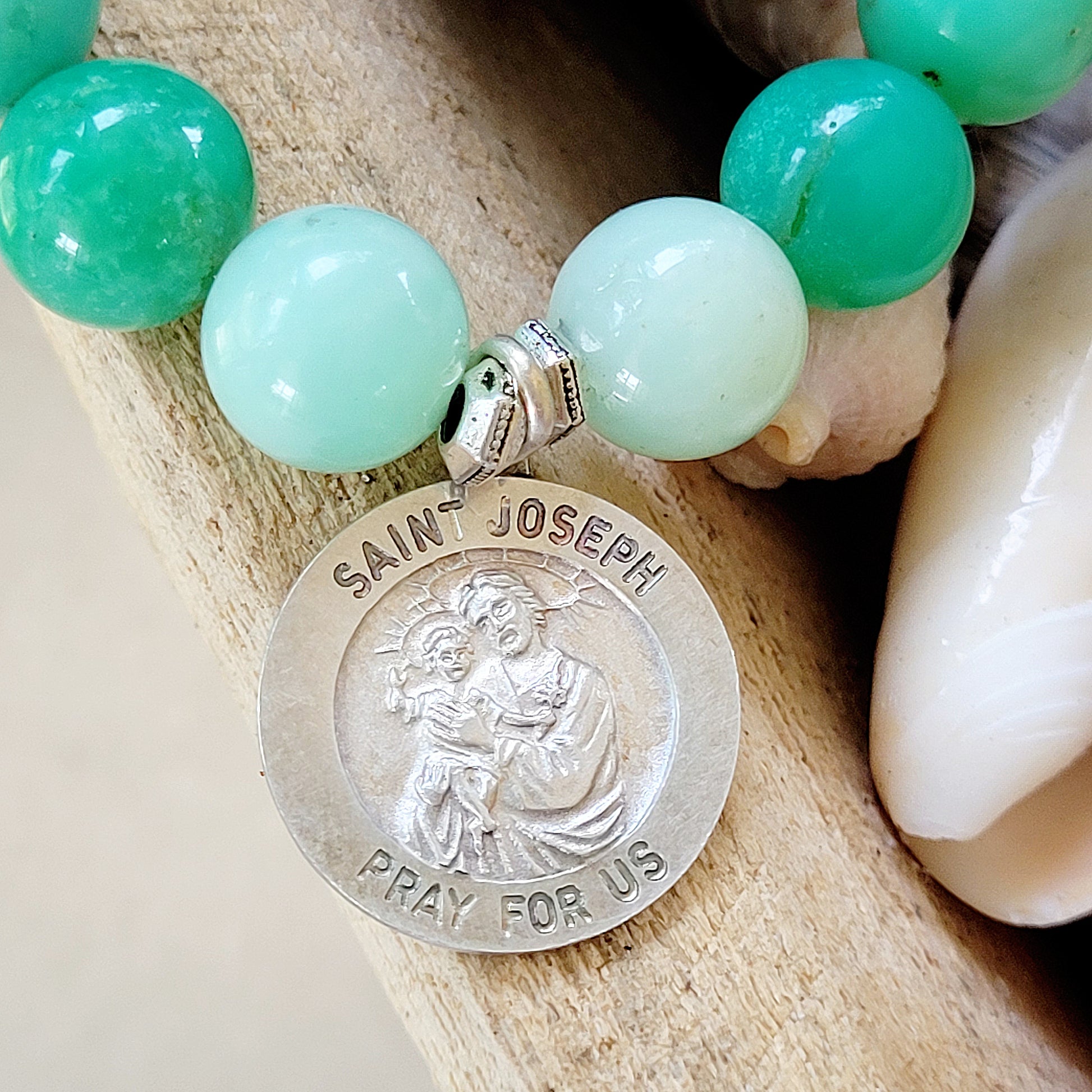 Chrysoprase 10mm Beaded Bracelet w/ Sterling Silver Medal of St. Joseph - Afterlife Jewelry Designs