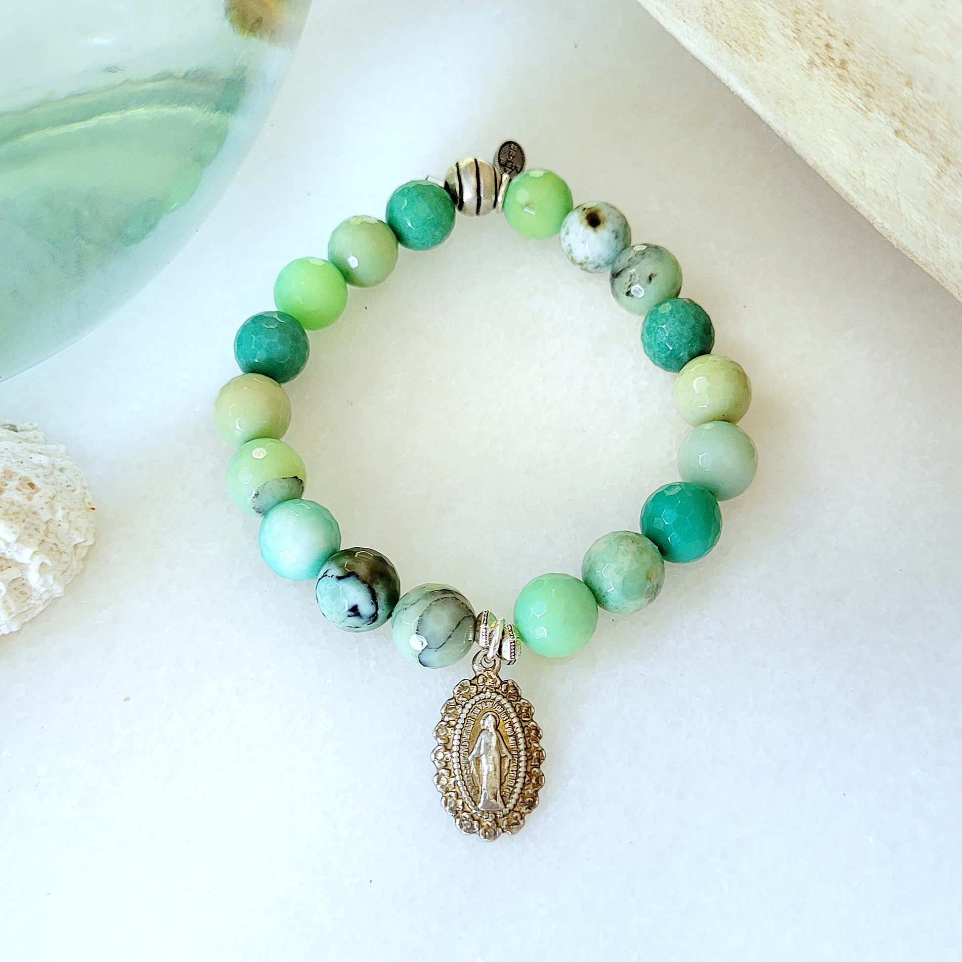 Chrysoprase 10mm Faceted Beaded Bracelet w/ Miraculous Medal of Mary in Sterling Silver - Afterlife Jewelry Designs