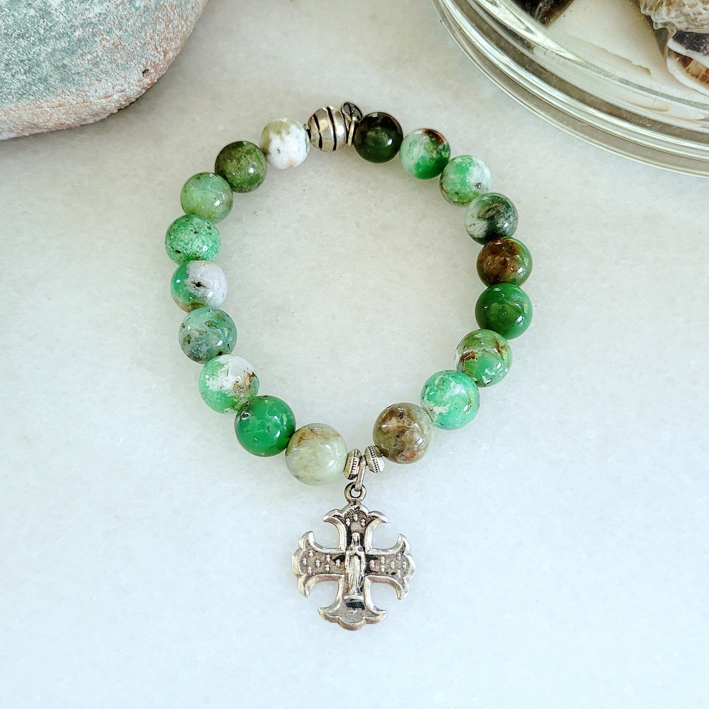 Chrysoprase 10mm Beaded Bracelet w/ Sterling Silver Maltese Cross of Blessed Mother Mary | Notre Dame Lourdes