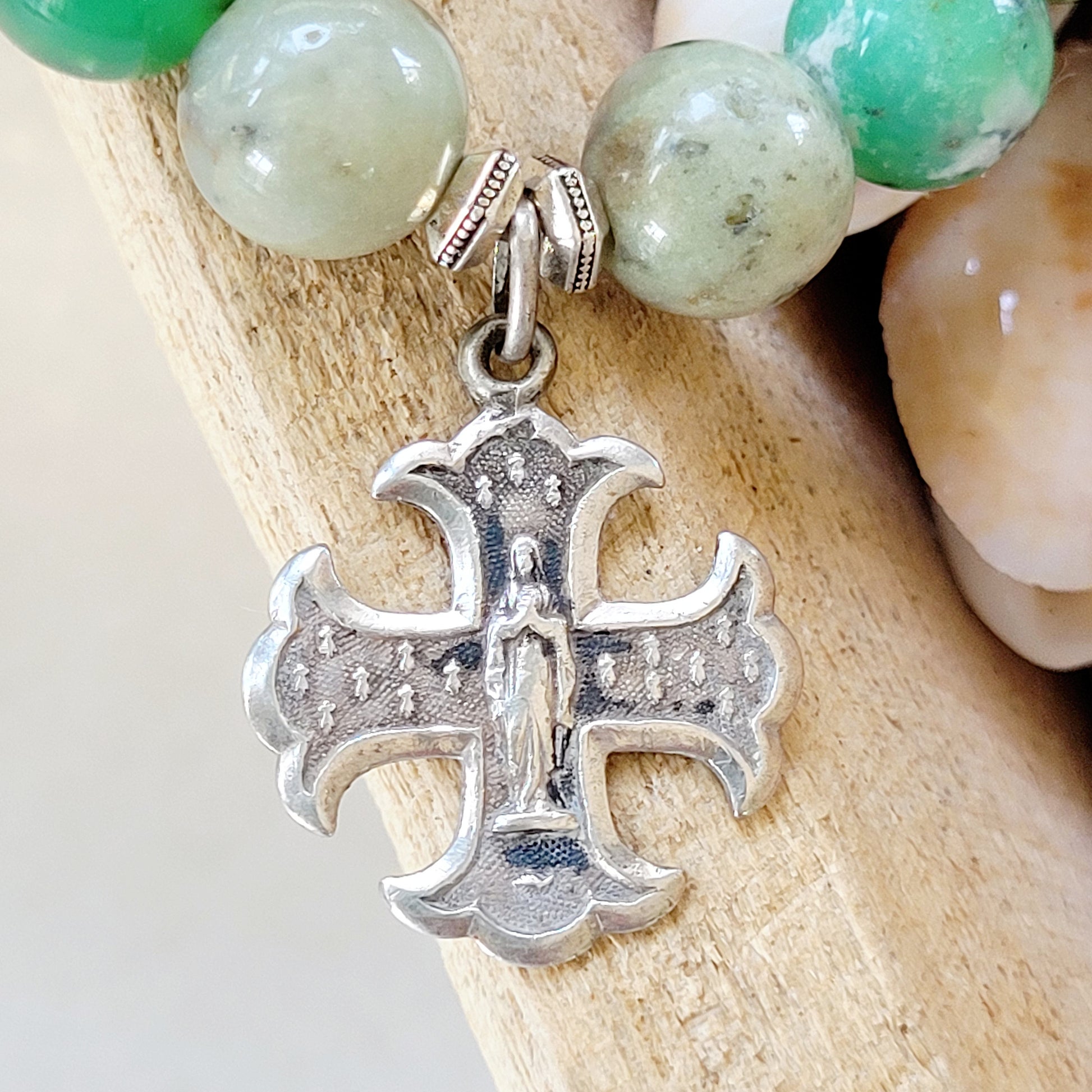 Chrysoprase 10mm Beaded Bracelet w/ Sterling Silver Maltese Cross of Blessed Mother Mary | Notre Dame Lourdes