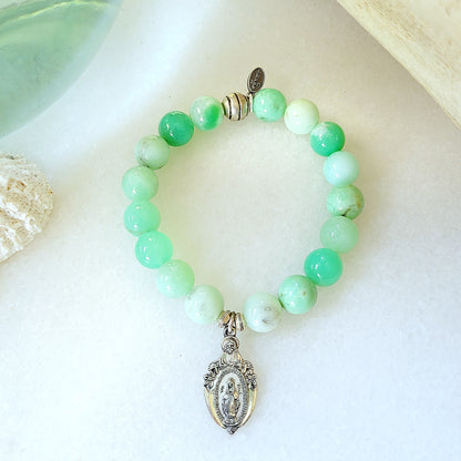 Chrysoprase 10mm Beaded Bracelet w/ Sterling Silver Ornate Miraculous Medal of Mary